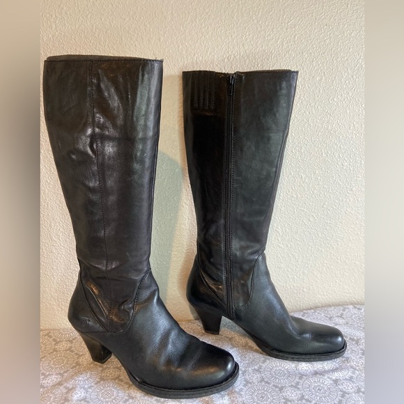 Born Shoes - Born~Soft~Black~Burnished Leather~Tall Boot~Zipper Closure~Stacked Heel~Size 8